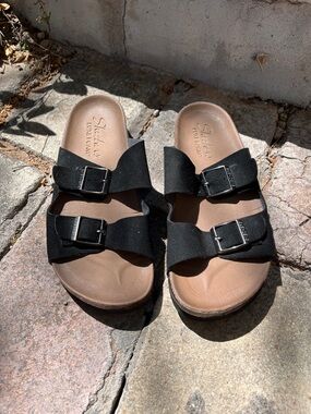 Skechers  8 Black Two-Buckle Slide Sandals with Brown Footbed